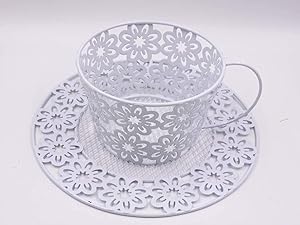 Shabby Chic Exquisite Tea Cup Shaped Floral Planter in White Color Wrought Iron, Home Decor