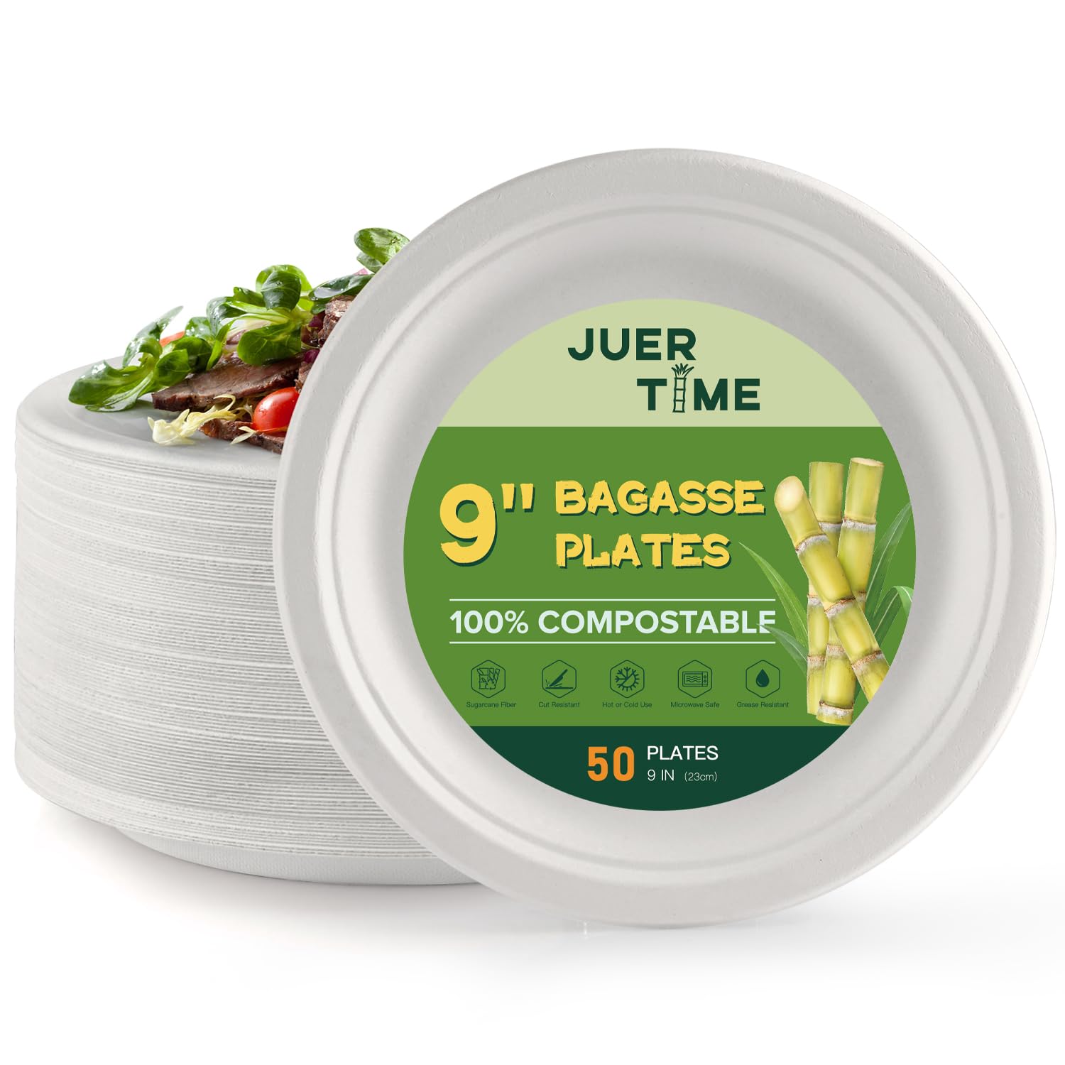 Juertime Strong Disposable Paper Plates - 9 inch Heavy Duty Bagasse Biodegradable Plates - White Eco-Friendly & Compostable - Perfect for Party, Picnic, BBQs [50 Pack]