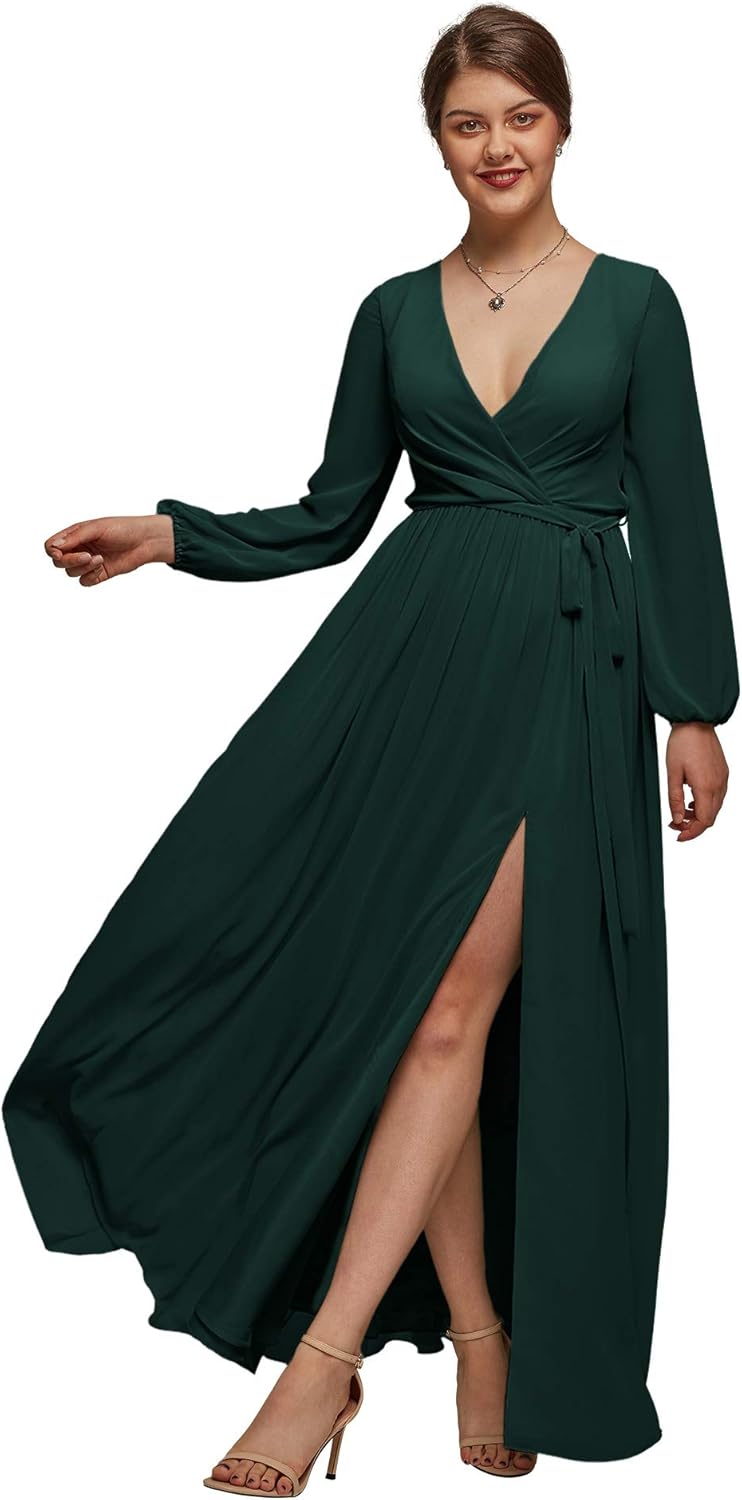 AW BRIDAL Dark Emerald Bridesmaid Dresses Chiffon Long Sleeve Formal