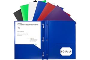 EEHZTSI 60-Pack Plastic Folders with Pockets and Prongs,2-Pocket Folders with 3 Fasteners, Poly Folders Holds 8-1/2" x 11" Paper for School/Office/Home, Assorted
