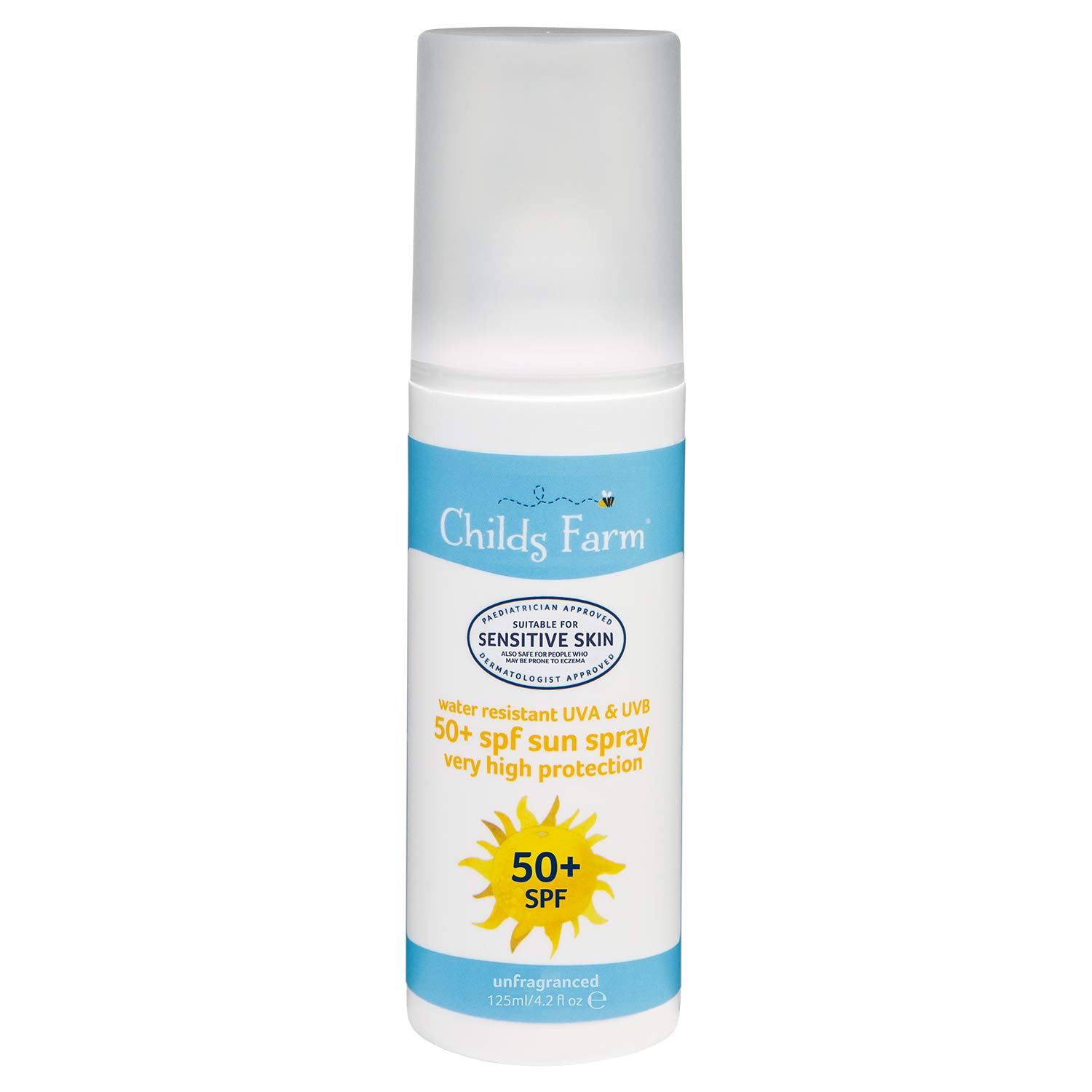 Childs Farm, Kids and Baby Sun Cream Spray SPF 50+ 125 ml, Water Resistant UVA and UVB, Very High Protection, Suitable for Dry, Sensitive and Eczema-Prone Skin, Pack of 1