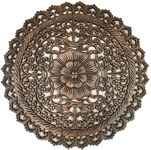 Tropical Bali Wood Carved Wall Art Plaque. Round Wood Wall Decor. Floral Wood Wall Hanging. 24