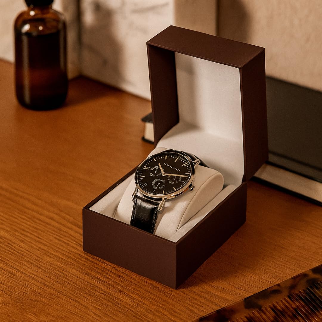 Prestige & Fancy Premium Brown Watch Gift Box with Pillow – Single Watch case Storage Box PU Wristwatch Display Case Organizer for men and women for Christmas, Birthdays, Anniversary (Brown)