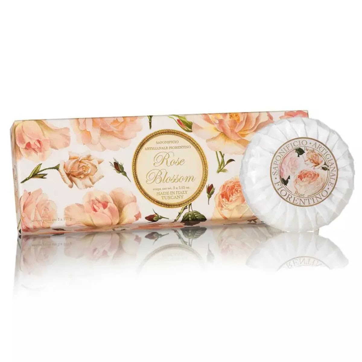 Gift box of Italian Rose Soap, 3 x 100g, round soaps sculpted with lily, pleated wrapping and label, 3 x 3.52 oz