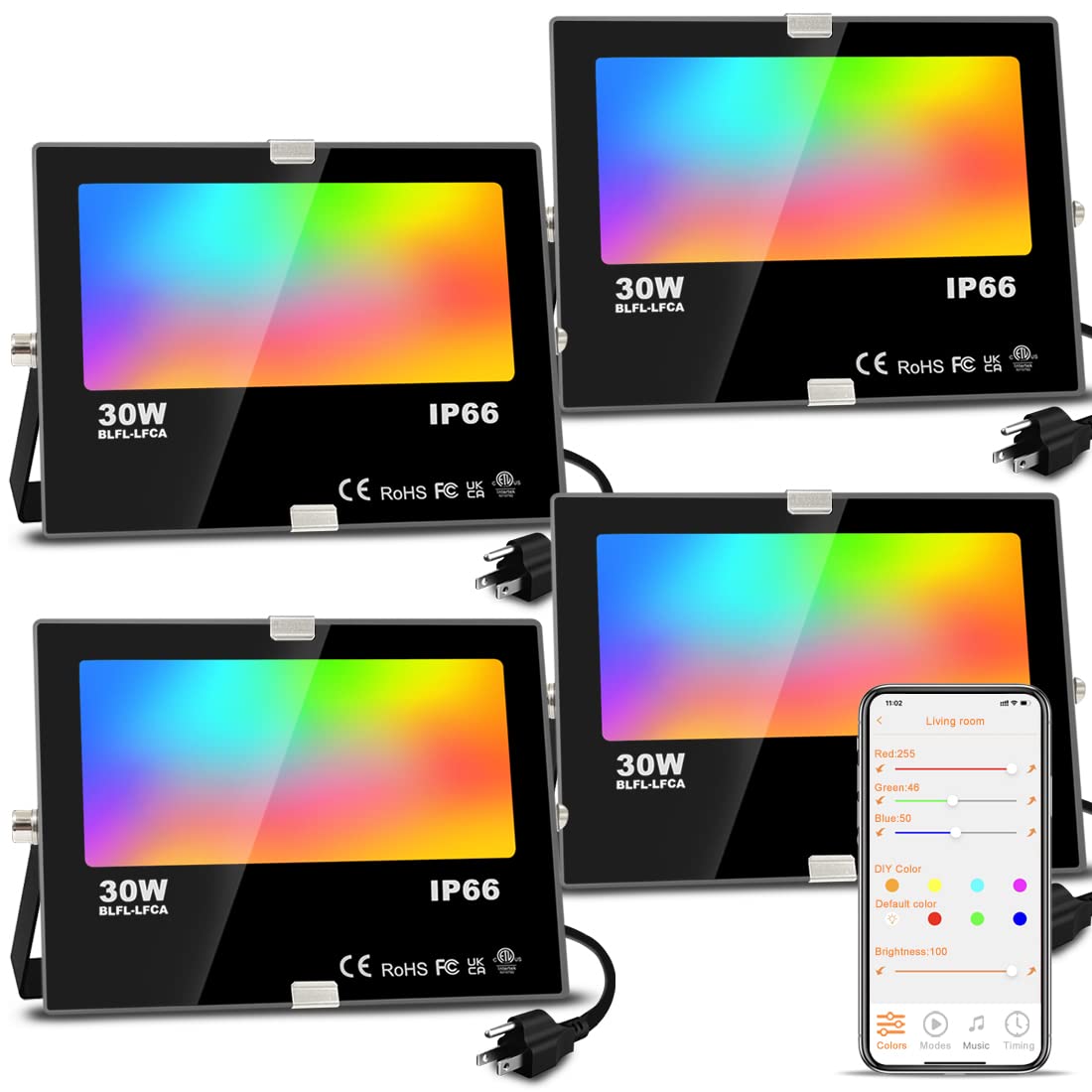Photo 1 of LED Flood Light Outdoor, 300W Equivalent 3000LM Smart RGB Landscape Lighting with APP Control, DIY Scenes - Timing - 5700K Daylight White -Color Changing Uplight, IP66 Waterproof US Plug MELPO(4 Pack)