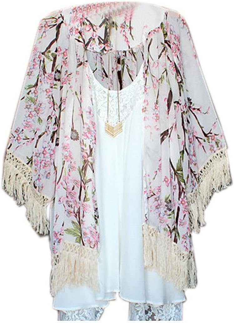 Elever Women's Floral Print 3/4 Sleeve Sheer Chiffon Kimono Cardigan Cover up