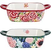 Jinsongdafa Two-piece square ceramic baking pan set: Hand-painted floral ceramic baking pans with double handles, suitable for baking, cooking, kitchens, restaurants, etc.(Combination 2)