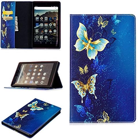 LaoTzi Folio Case for Amazon Fire HD 8 Tablet (8" 7th Generation, 2017 Release) - Cute Cartoon Folio Premium PU Leather Standing Protective Cover - Blue Butterfly