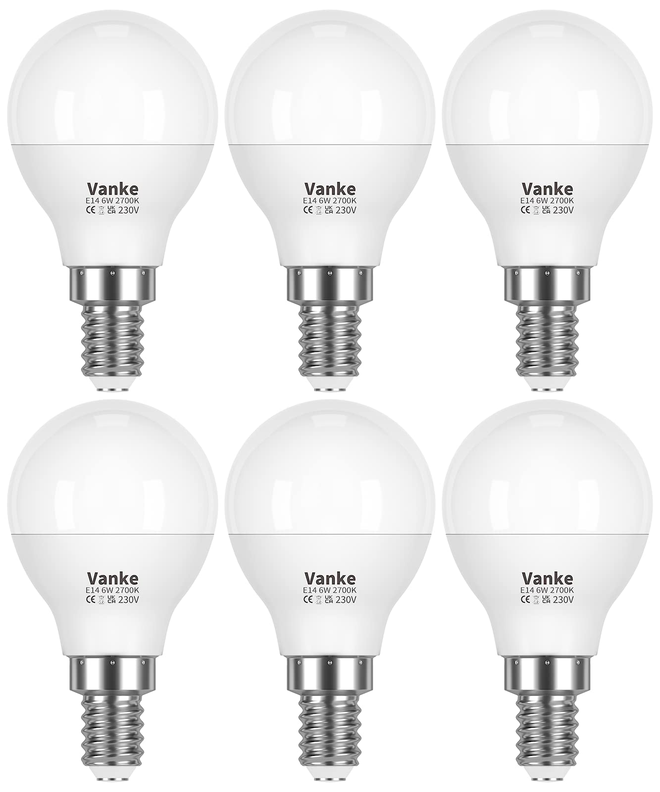 Vanke E14 LED Light Bulb, Small Edison Screw in Golf Ball Bulbs, 6W (Equivalent to 40W), Warm White 2700K Yellow Light, 470 Lumen, Pack of 6, Non-Dimmable