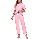 MAYFISH Women's 100% Cotton Pajama Set Short Sleeve and Long Pants Pj Set Soft V-Neck 2 Piece Sleepwear with Pockets
