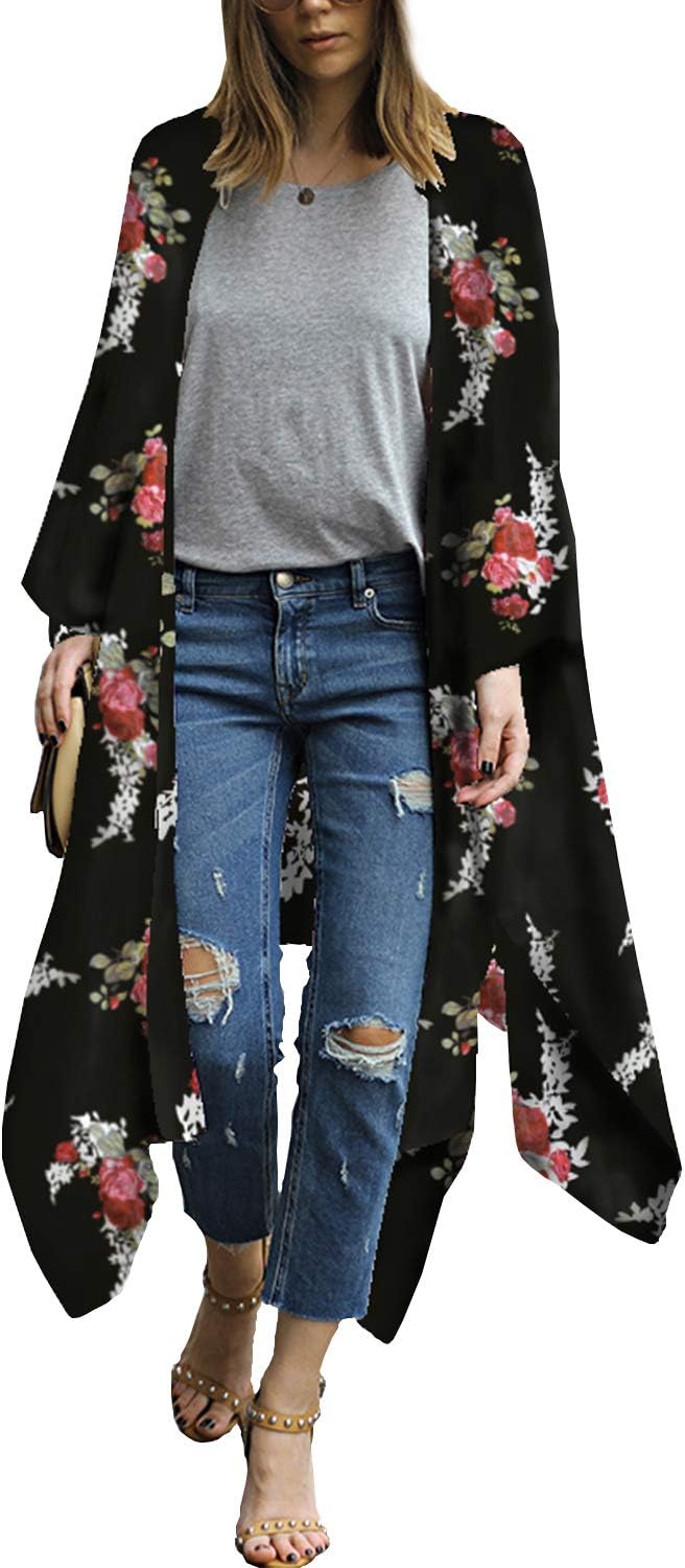 MayBuy Long Kimonos for Women Boho Style Open Front Beach Cover-Ups Chiffon Jacket Resort Wear Beach Wear Cover Up (Black, L)