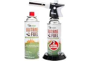Jo Chef Pro Butane Torch Lighter - Refillable Butane Torch Head, Small Butane Torch with Safety Lock & Adjustable Flame - Culinary Blow Torch, Creme Brulee Torch, Baking, Included 2 Butane Canisters