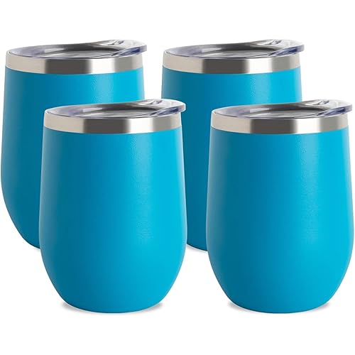 Jearey Stemless Wine Glass Tumbler 12 oz Stainless Steel Double Wall Vacuum Insulated Wine Cup with Lid Travel Friendly (4 Pack, Lake Blue)