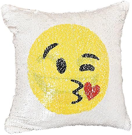 Emoji Sequin Pillow Case, USONG Changing Face Emoji Cushion Cover Reversible Sequin Mermaid Pillow Case Decorative Pillow Case for Sofa Home Décor DIY (Kiss)
