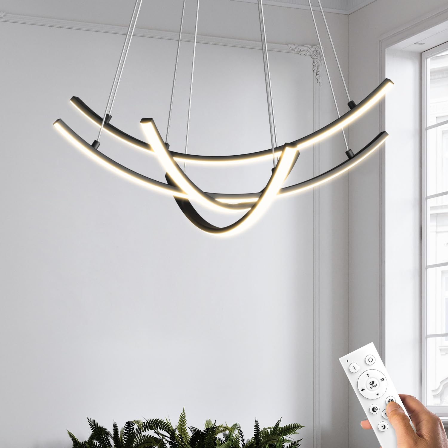 Photo 1 of JYUWRIVG Led Modern Pendant Light with Remote Control, 3 Linear Lights led Chandelier Dimmable Hanging Pendant Lighting for Living Dinning Room Staircase Entry Foyer Restaurant (4-Light Black)