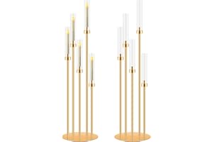 2 Set 5 Arm Gold Candle Holder, Mjkeomo 41.3'' Tall Candelabra Centerpieces for Tables Gold Candlesticks Holder for Housewarming Gift Fireplace Dinner Halloween Christmas Decor Fit 0.87'' LED Candle