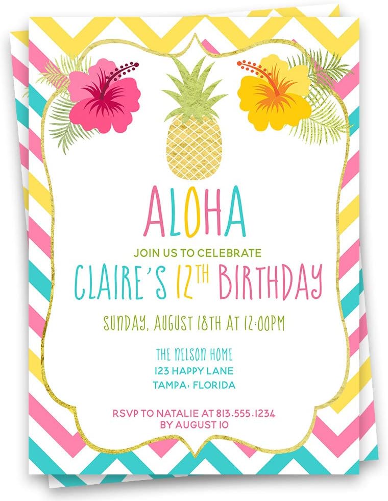 Luau Birthday Invitations Aloha Invites Printed Pineapple Hawaii Tiki Hibiscus Bday Tropical Girl Boy Customized Printed (12 Count)