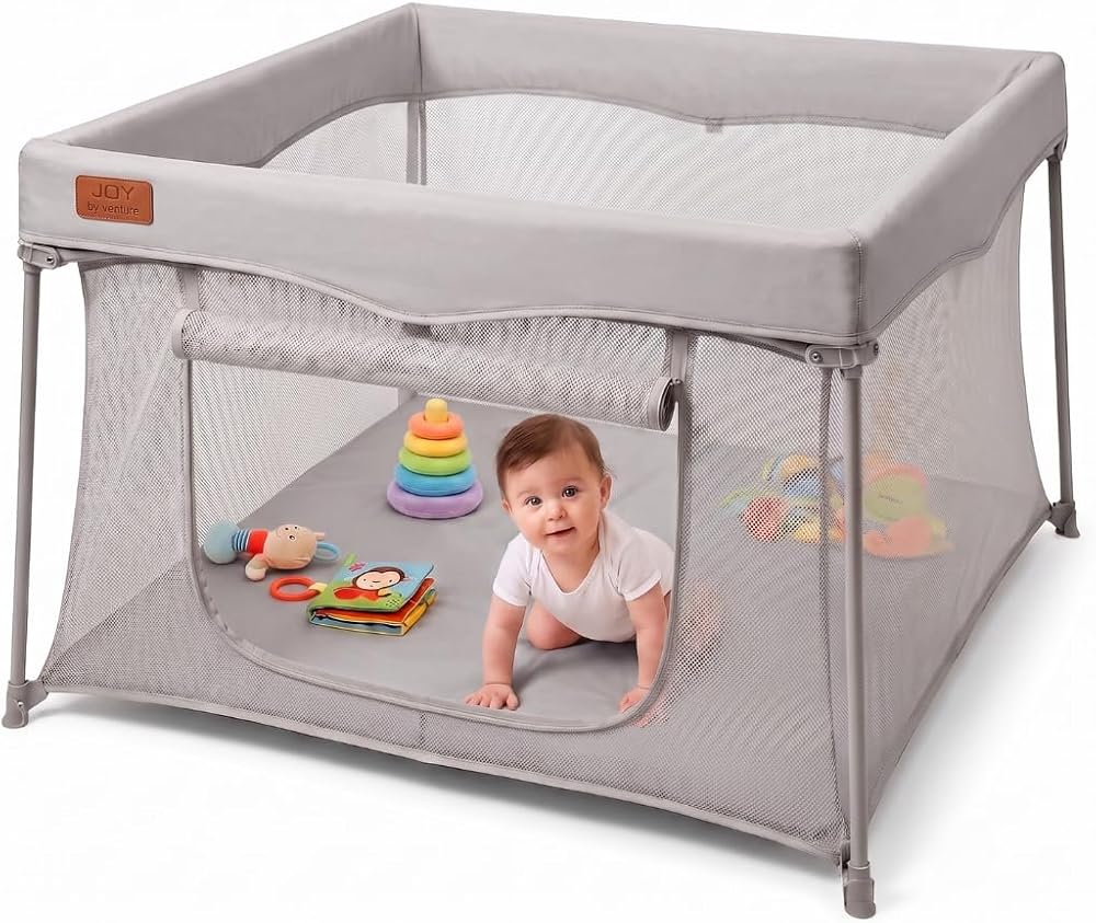 Venture All Stars Joy Square Baby Playpen Foldable Mesh Sides Travel Bag Grey