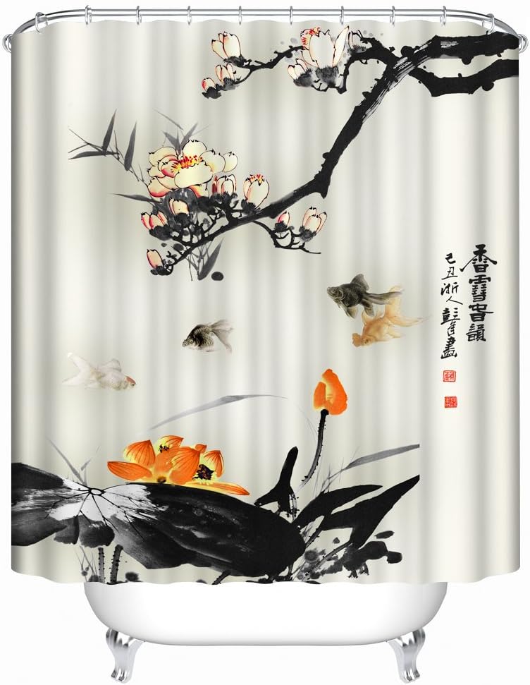 Orange and Black with Koi Shower Curtain. Spa Decor Kin By Nicola, Water Resistant Bathroom Zen Garden Theme Decor View for Magical and Luxurious Bathroom