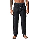 Men's Casual Linen Pants Summer Loose Fit Elastic Waist Drawstring Pants Lightweight Linen Cargo Trousers with Pockets