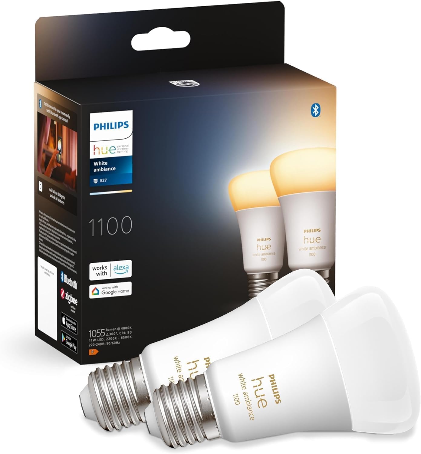 Philips Hue White Ambiance E27 LED Glühbirne, 1100lm, warm- bis kühlweiß, dimmbar, steuerbar via App, kompatibel mit Amazon Alexa (Echo, Echo Dot), 2er Pack, alte Generation