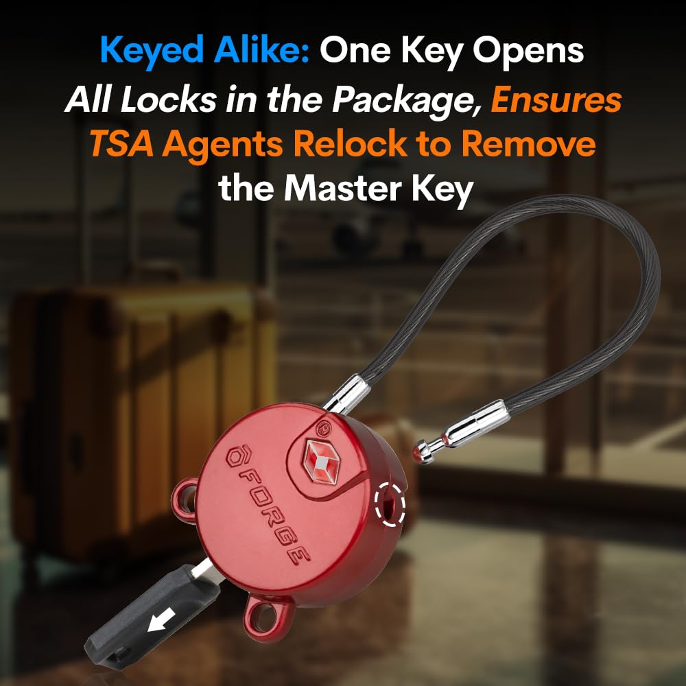 Forge TSA Approved Luggage Locks Ultra-Secure Dimple Key Cable Locks for Travel with Zinc Alloy Body- 2 Red Locks