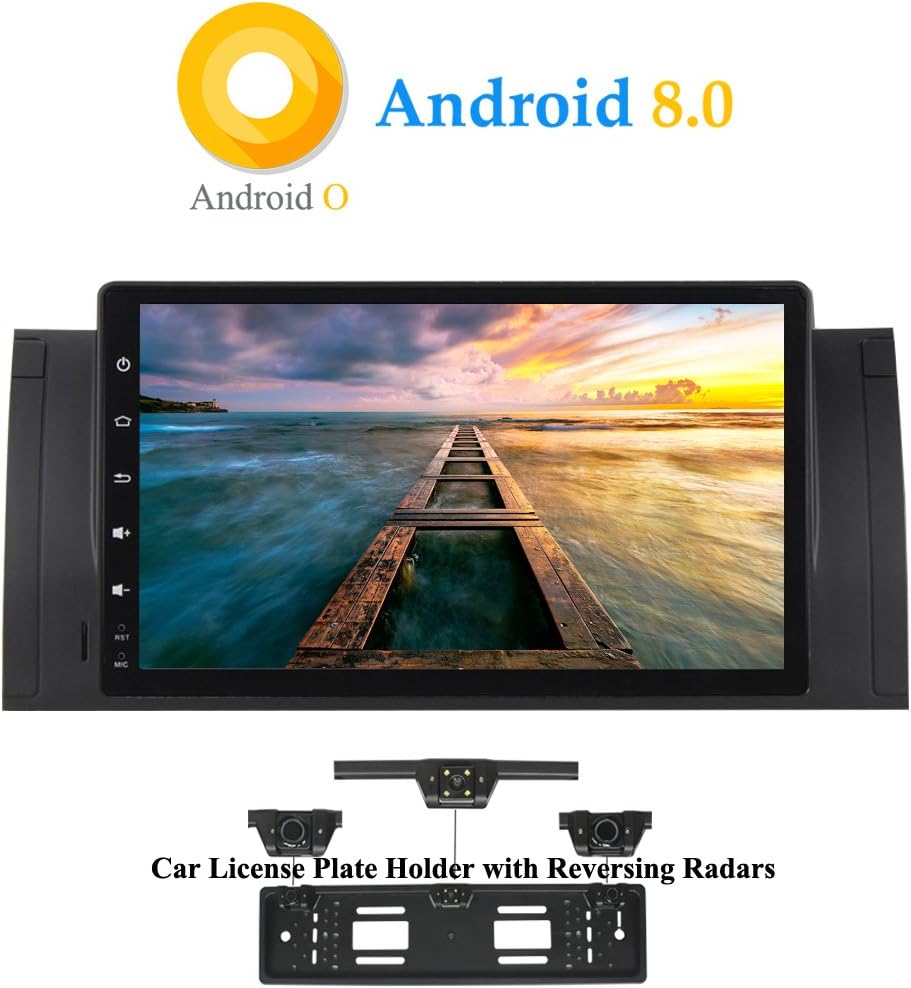 XISEDO Android 8.0 In-Dash Car Stereo 9" Autoradio 8-Core RAM 4G ROM 32G Head Unit Car Radio Sat Nav Car GPS Navigation for BMW 5-E39/BMW X5-E53 Support WiFi, RDS (with UK/EU License Plate Frame)
