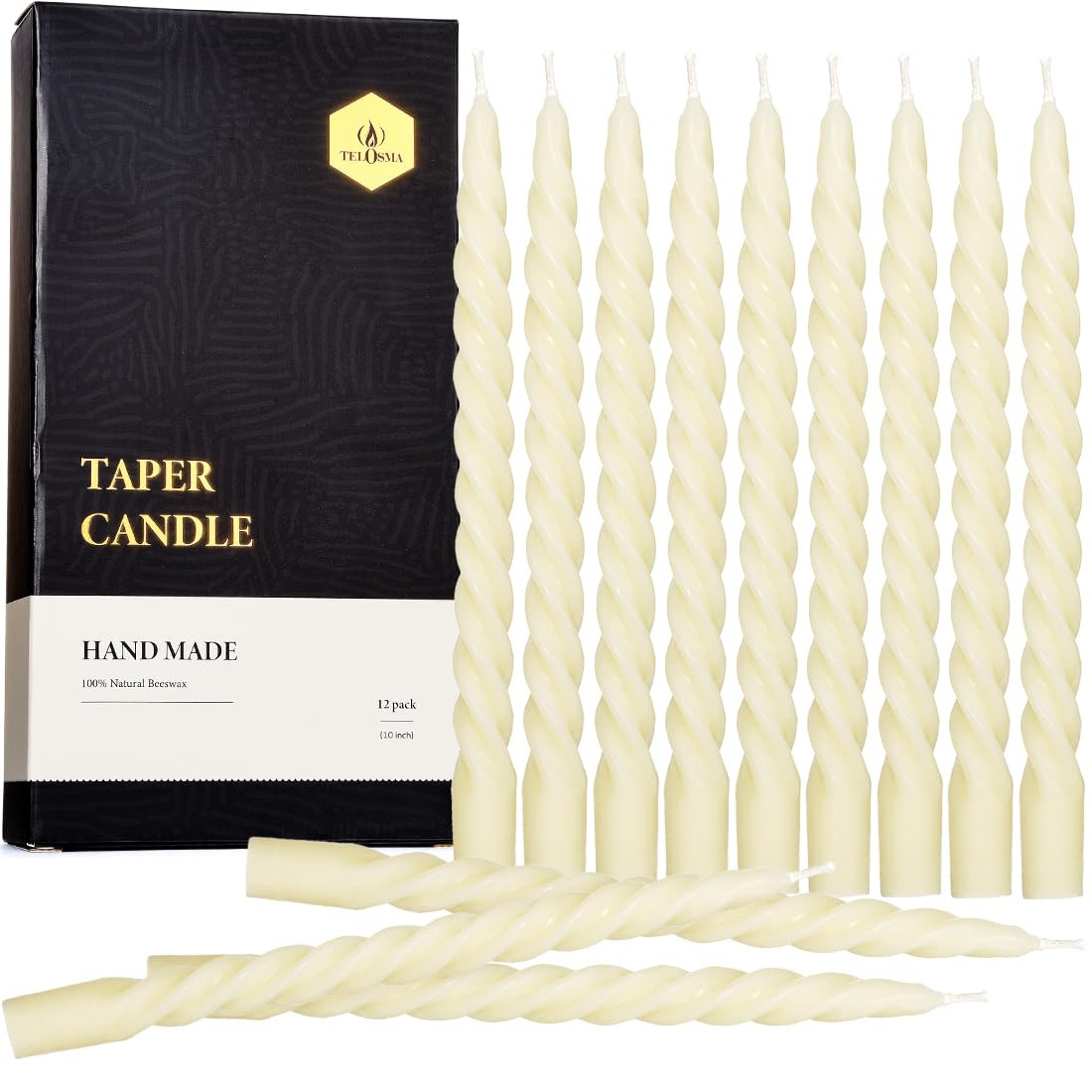 Photo 1 of 12 PCS Natural Beeswax Spiral Taper Candles Bulk - Organic Dripless Long Candle Sticks for Dinner Wedding Party Christmas Home Decorations - 10 Inch Tall - Off White