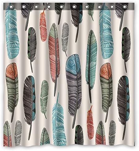Custom Colorful Aztec Feather Art Bathroom Shower Curtain with Rings Waterproof Curtain 66 x 72 Inches