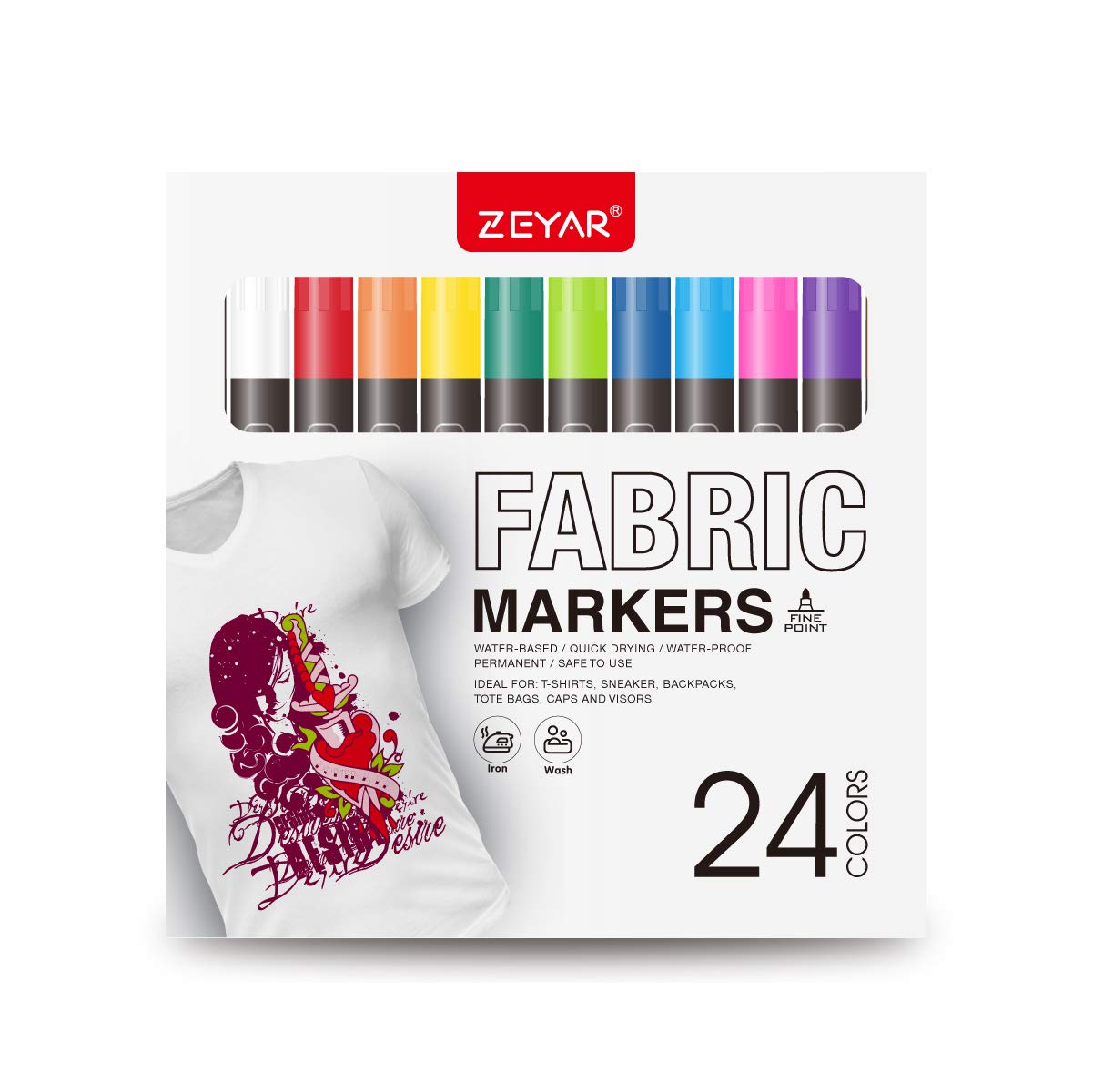 ZEYAR Permanent Markers Fabric Art Pens, Great on Bags, Shoes, T-shirts & Other Fabric Paint Materials - Child Safe & Non-Toxic For Washable Art and Lettering, Fabric Paints (24 Colors)