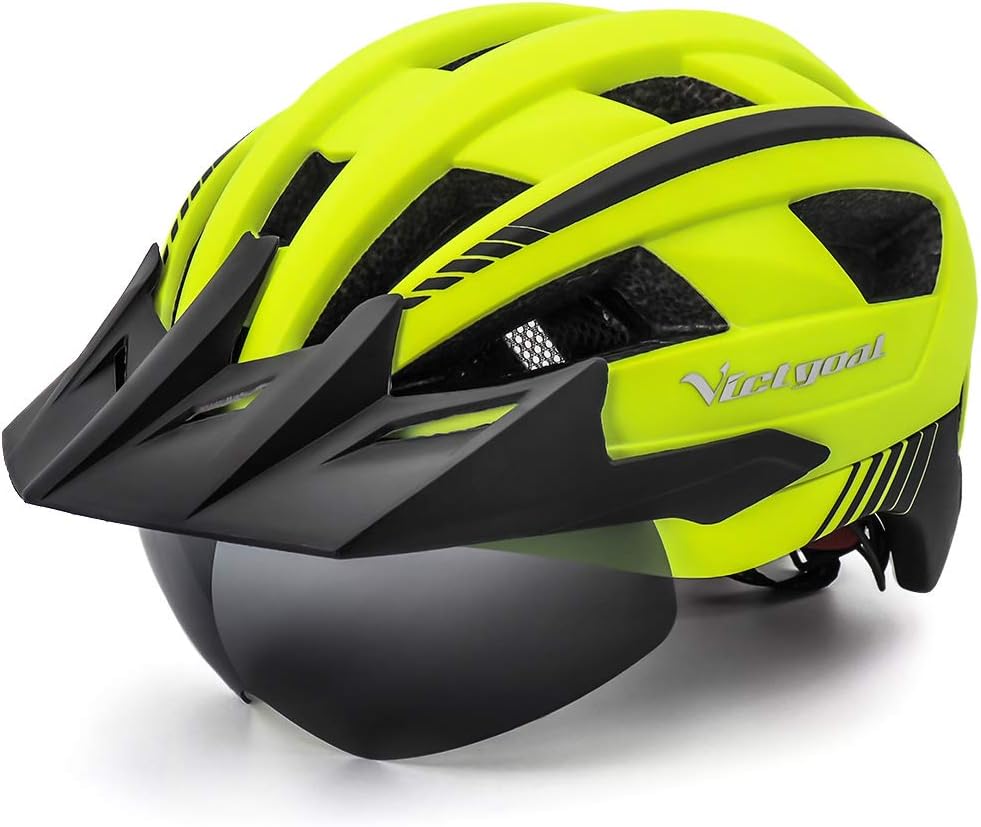 Victgoal Bike Helmet for Men Women with Led Light Detachable Magnetic Goggles Visor Mountain & Road Bicycle Helmets Adjustable Size Adult Cycling Helmets (Yellow