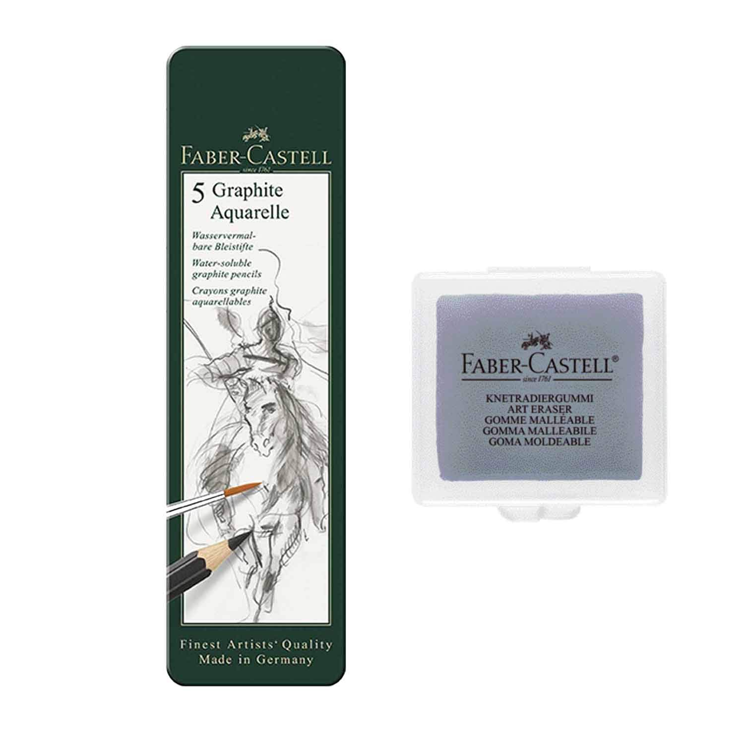 Faber-Castell 117805-5 Watercolour Pencils Graphite Watercolour Contents HB 2B 4B 6B 8B (Pack of 5 + Kneading Eraser)