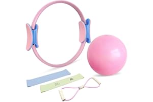 Pilates Ring and Ball Set including a magic circle, two resistance bands, a mini ball, and a back opener rope laid out on a yoga mat.