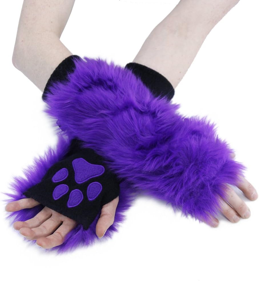 Furry Paw Warmers Arm Hand Cover Fingerless Gloves - Purple