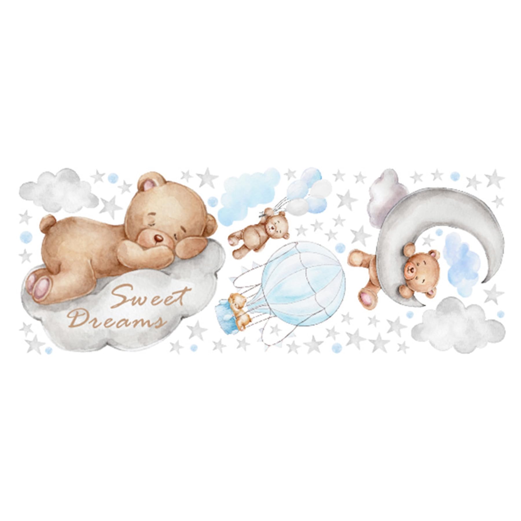 Teddy Bear Nursery Wall Stickers - Baby Room Decor With Hot Air Balloon, Stars, Moon - Bedroom and Living Room Decor (Boy)