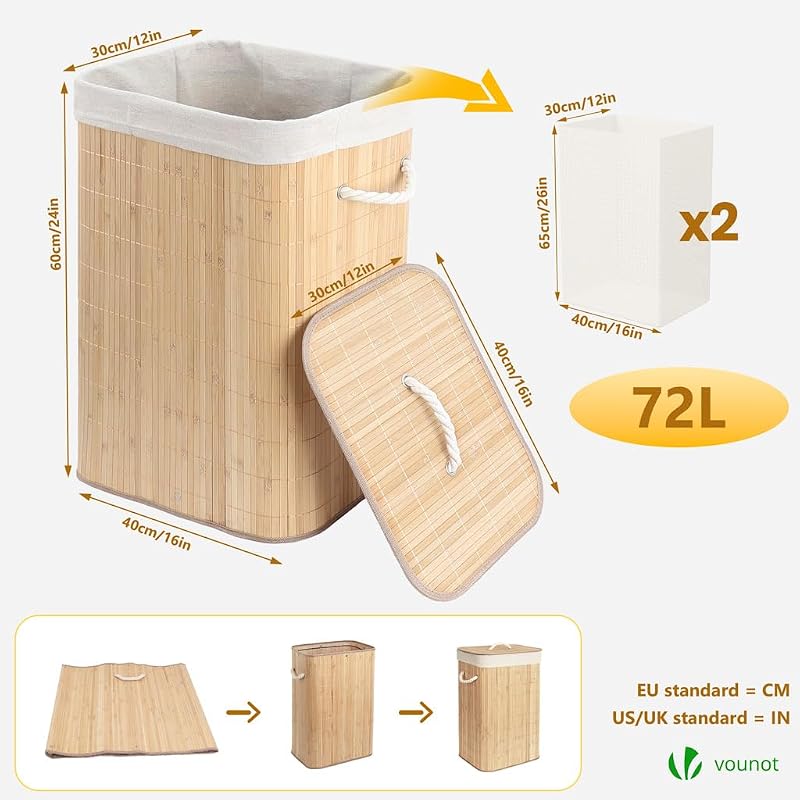 ® Cesto Portabiancheria Rettangolare in Bambù 72L, Cesto Pieghevole per Panni Sporchi con Coperchio, Manici e 2 Borse Rimovibili, per Bagno, Lavanderia e Camera da Letto, Naturale