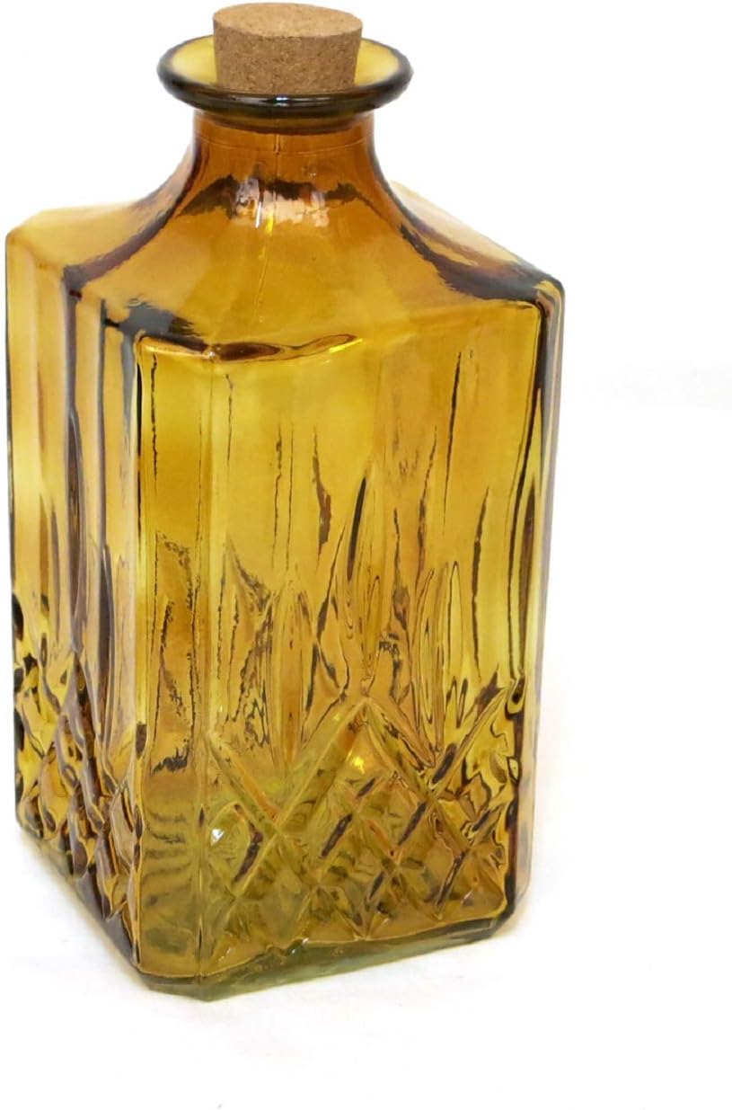 Little Valley - Large Thick Plated Decorative Amber Glass Bottle Apothecary Style with Cork Stopper - Measures 7" Tall x 3 1/2" Wide x 3 1/2" Long