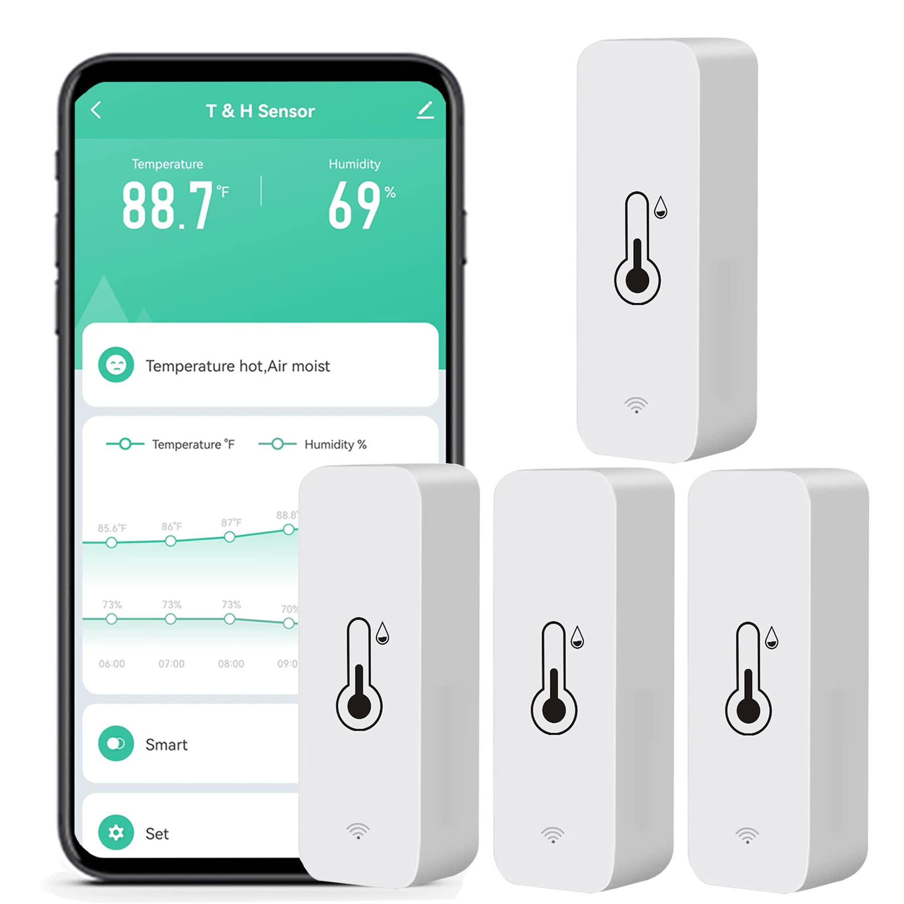 WiFi Humidity Temperature Monitor: Smart Hygrometer Thermometer for Remote Monitor and Alert, High Precision Indoor Thermometer with TUYA App, No Hub Required, Compatible with Alexa (4-pack)