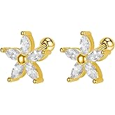 Stainless Steel Zircon Flower Stud Earring 1 Pair Screw Back Earrings Hypoallergenic Screwback Cartilage Jewellery for Sensitive Ears Women Ladies Tragus Helix Jewelry Aretes De Mujer