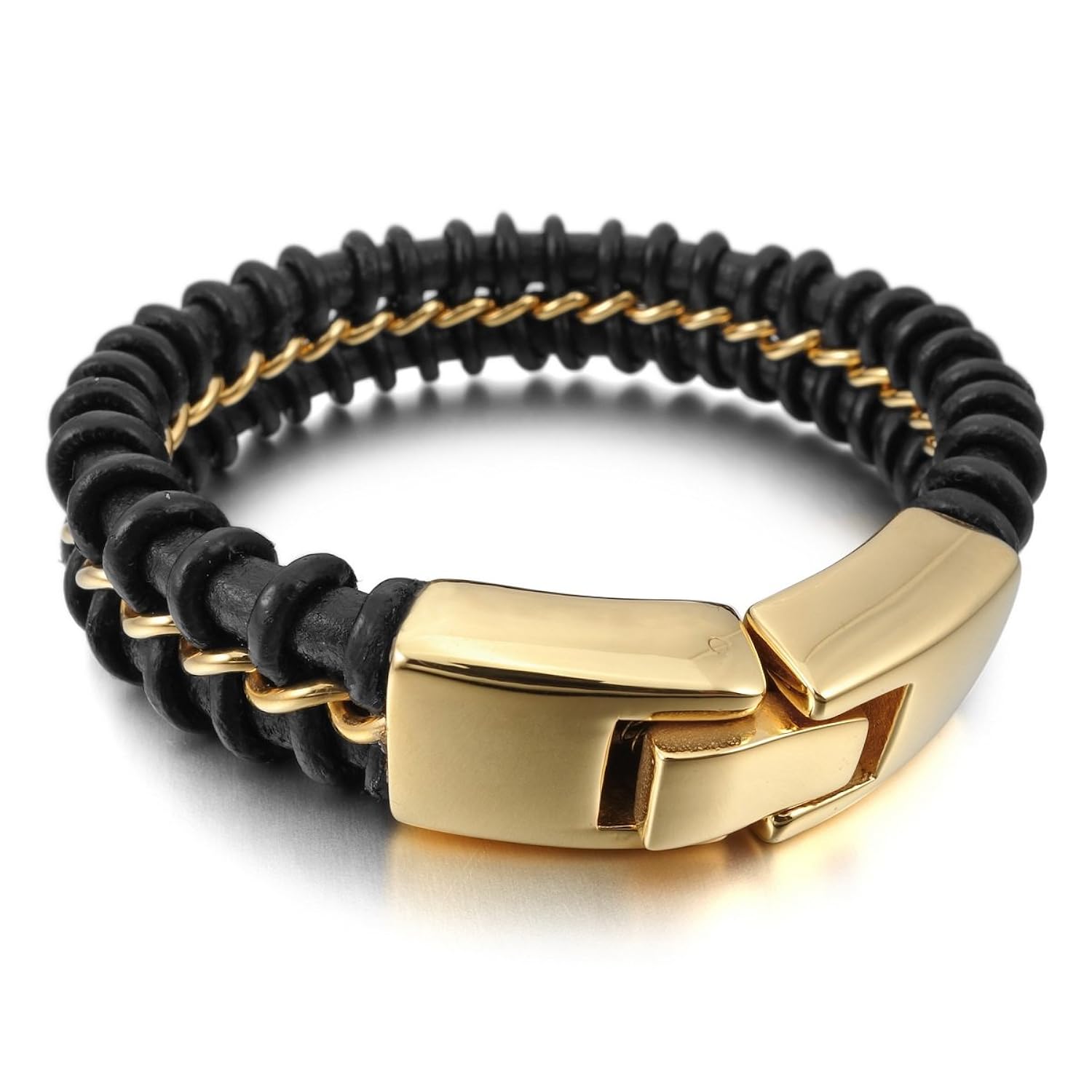 MunkiMix Acero Inoxidable Genuina Cuero Pulsera Brazalete Brazalete Oro Dorado Negro Trenzado