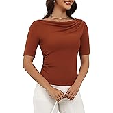 kakola Cowl Neck Half Sleeve Business Casual Tops for Women Ruched Fitted Boat Neck Elbow Length Tee Shirts Trendy Dressy