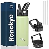Konokyo 18 oz Insulated Water Bottle Stainless Steel Sport Bottles with 3 Lids,Macaron Green