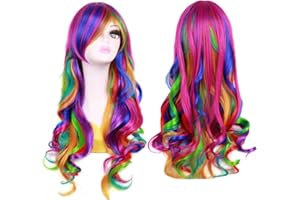 Rainbow Wig Stylish Long Wavy Colored Wig Curly Costume Colorful Wig for Women and Girls Anime Costume Halloween Cosplay