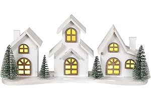 IDATOO White Christmas Village House Decoration with LED Lights, Wooden Christmas Centerpiece with Trees, Mini Winter Town Xmas Tabletop Decor for Holiday Farmhouse Home Indoor (Style 1)