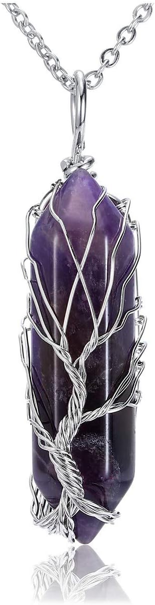 JOVIVI Tree of Life Amethyst Crystal Pendant Necklace Silver Wire Wrapped Purple Gemstone Healing Point Chakra Quartz Necklace for Women Men