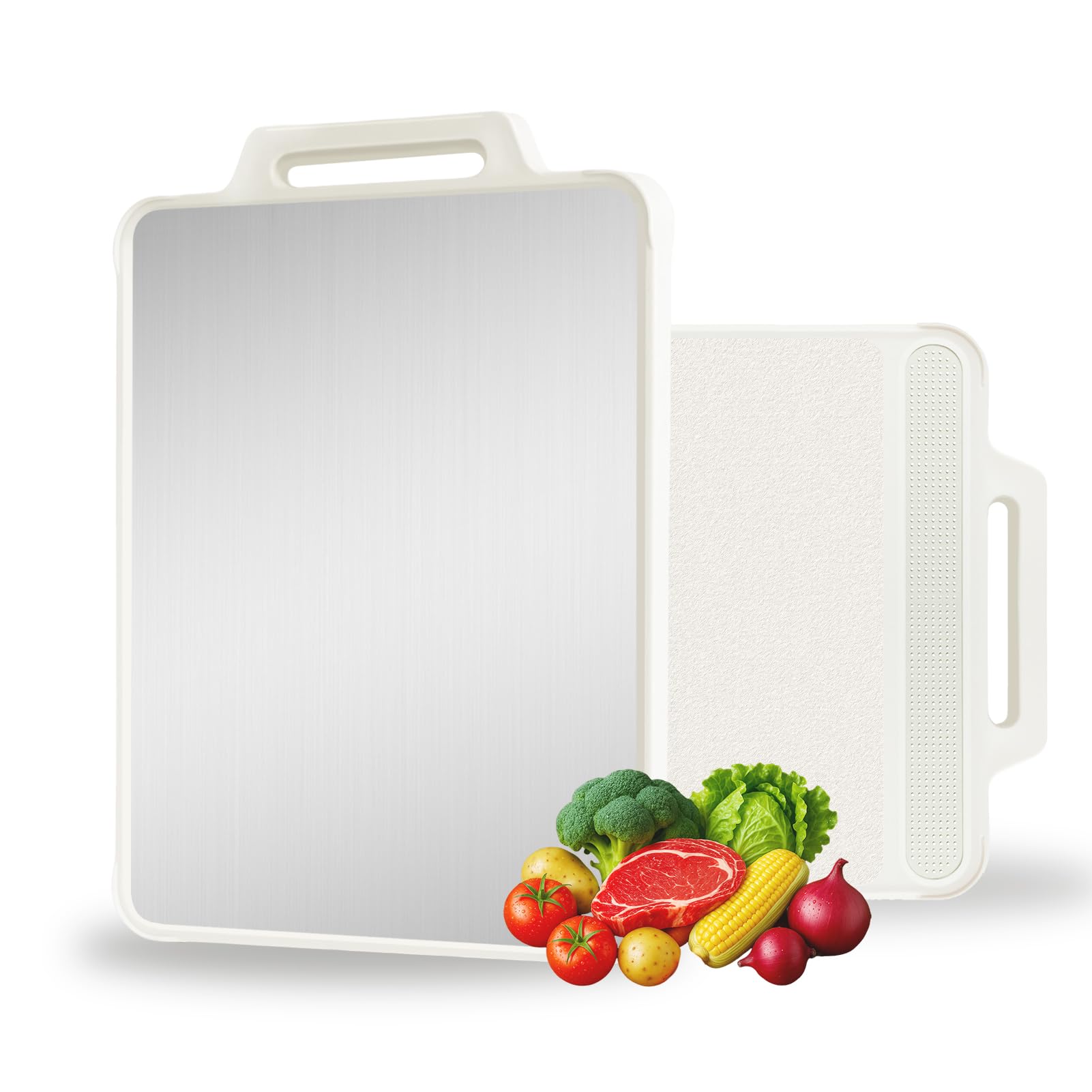 Photo 1 of PAPAGEST Double Sided Stainless Steel Cutting Board for Kitchen White Large Steel/Wheat Straw PP Cutting Boards non Toxic Chopping Board for Meat, Vegetables, Fruits 16"×11"