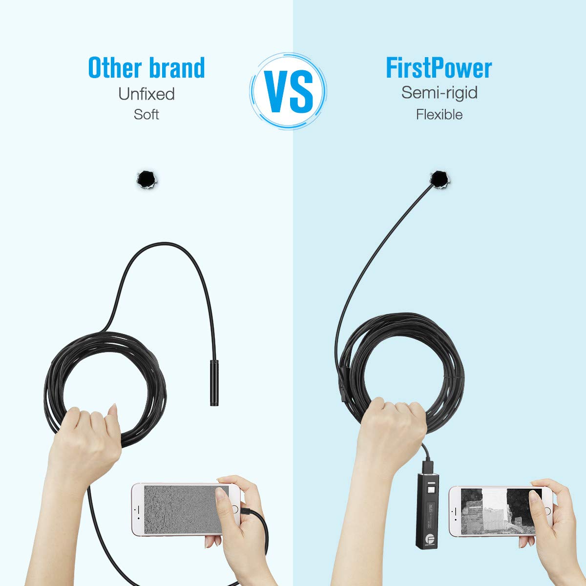 FirstPower 1200P Wireless Endoscope Semi-rigid 2.0 MP HD USB WiFi Boresccop Inspection Camera with 8 LED IP68 Waterproof Flexible Snake Camera (33FT) for Android IOS Phone Windows Tablet