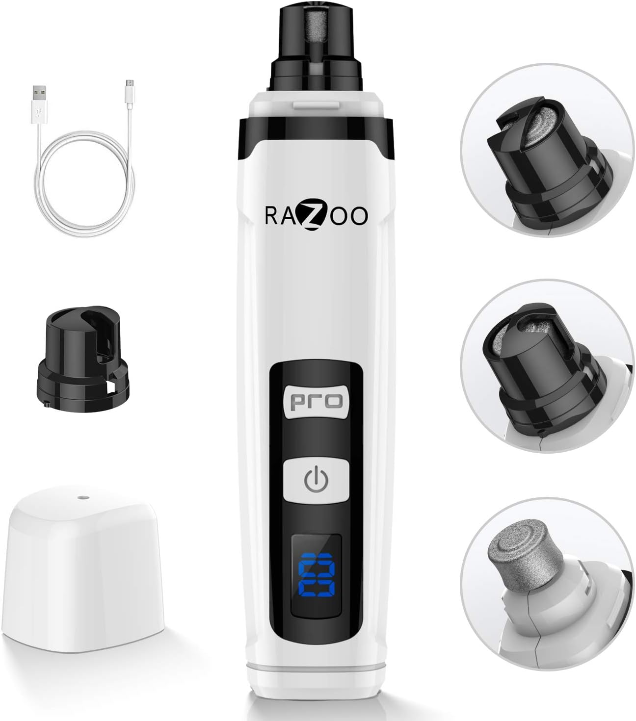 Razoo Dog Nail Grinder with Two Speed & Three Ports – Rechargeable Electric Pet Nail Trimmer for Cats, Large, Medium & Small Dogs – Low Noise & Quiet – Painless Paw Smoothing, Grooming, Trimming Tool