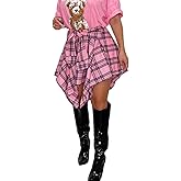 ALLUMK Women Casual Plaid Print Irregular Hem Mini Skirts High Waist A-Line Skirts with Belt