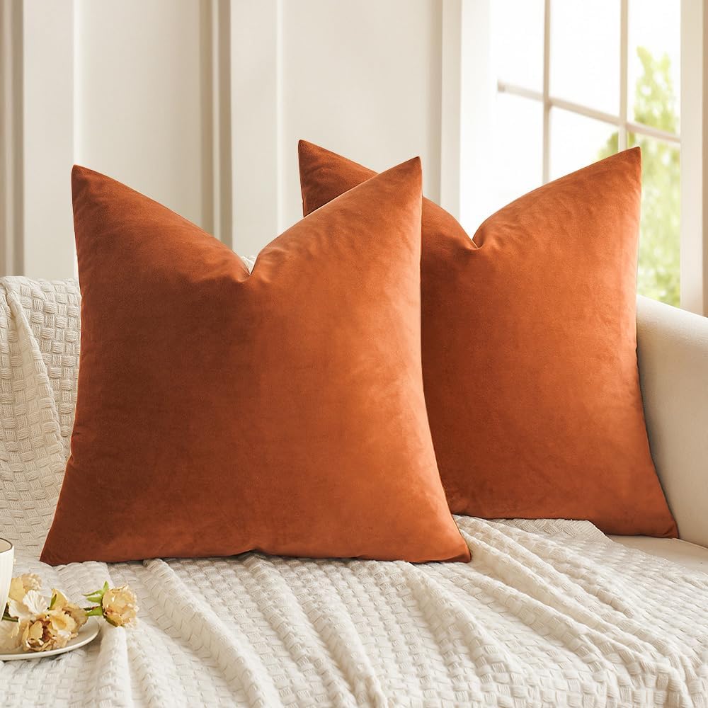 MIULEE Pack of 2 Fall Velvet Soft Solid Decorative Throw Pillow Covers Square Cushion Cases for Sofa Couch Bedroom Living Room Car Home Decor 18 x 18 Inch 45 x 45 cm Orange